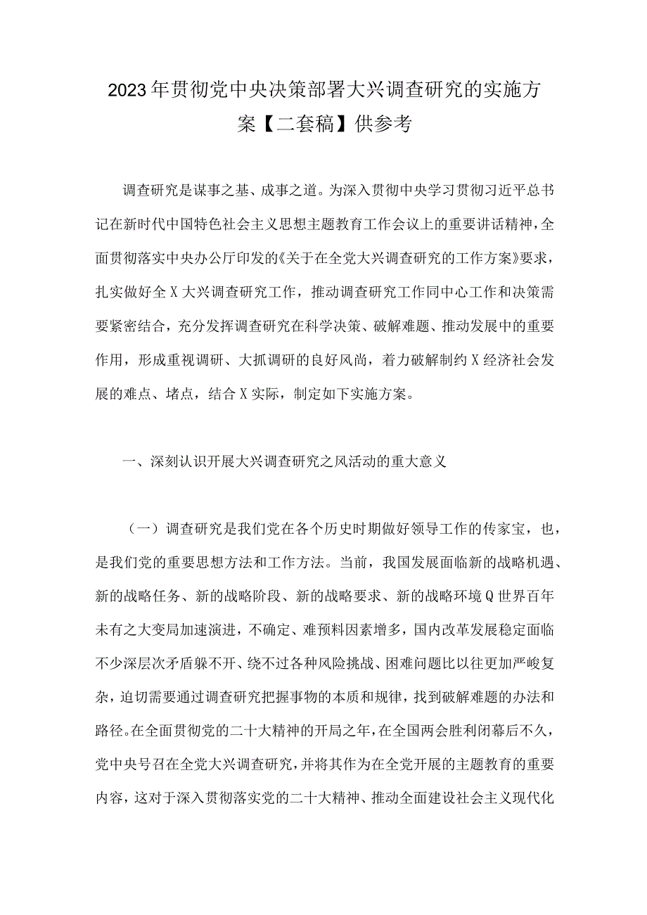 2023年贯彻党中央决策部署大兴调查研究的实施方案【二套稿】供参考.docx_第1页