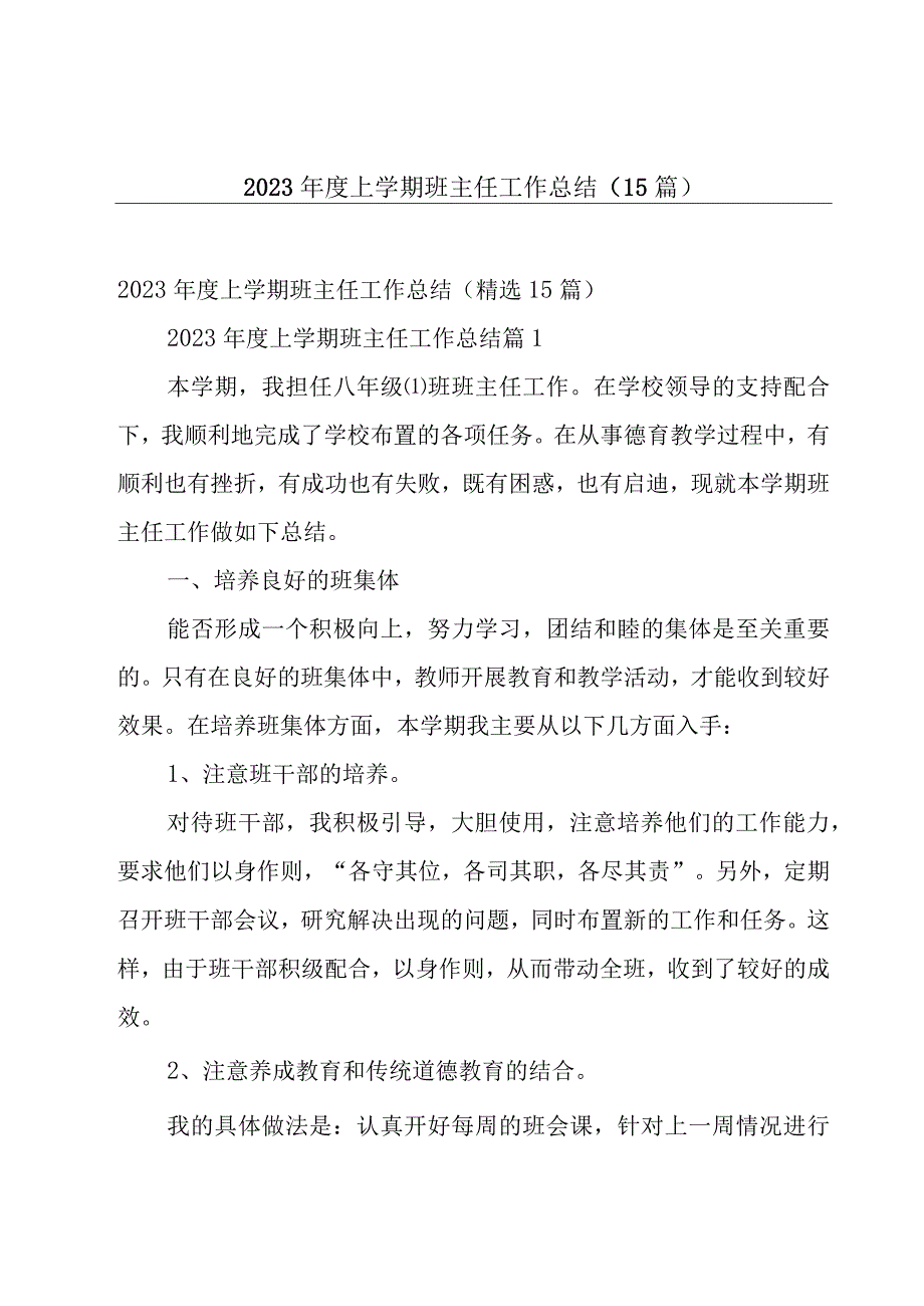 2023年度上学期班主任工作总结（15篇）.docx_第1页