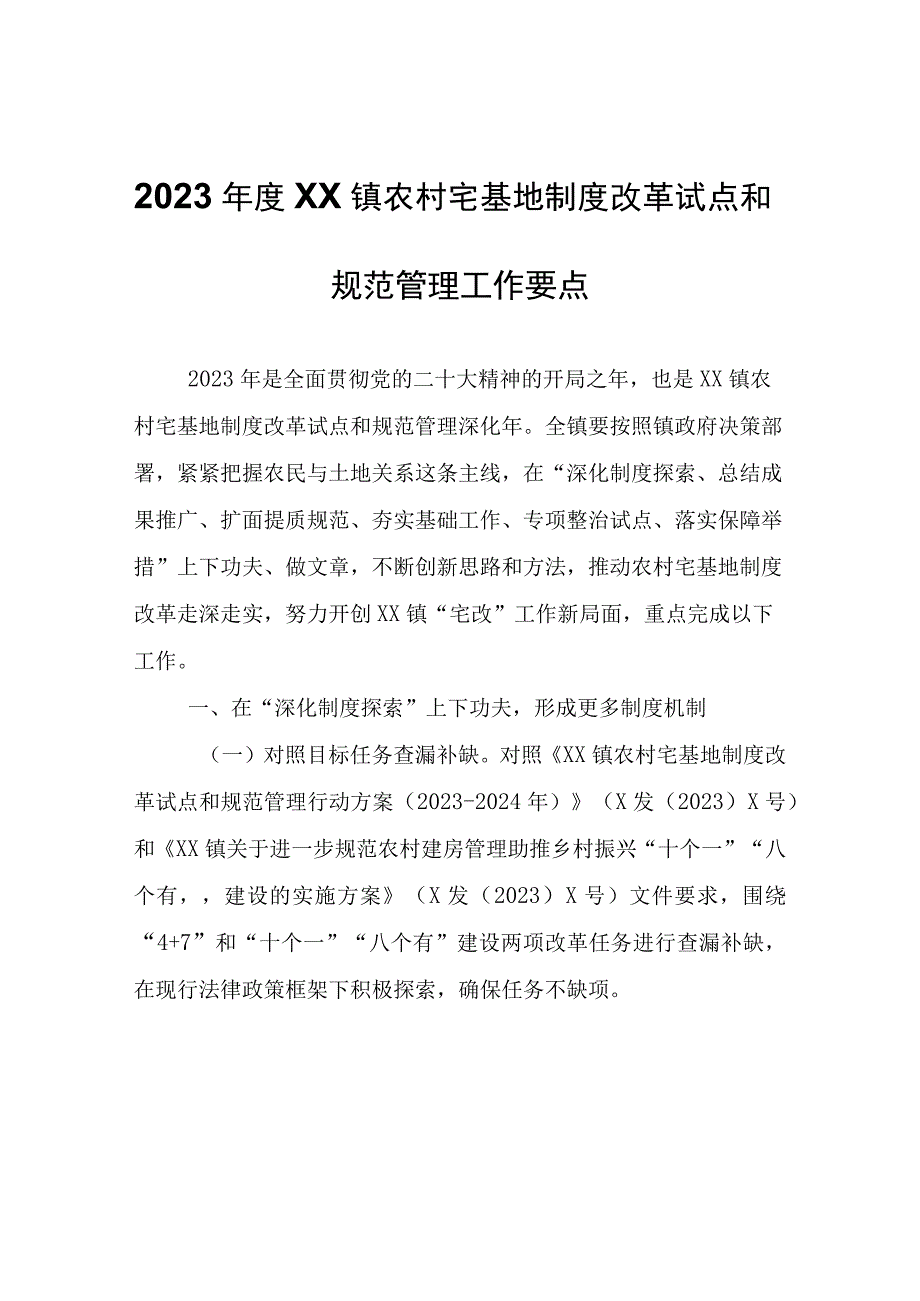 2023年度XX镇农村宅基地制度改革试点和规范管理工作要点.docx_第1页