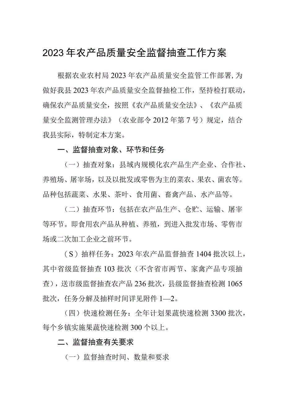 2023年农产品质量安全监督抽查工作方案.docx_第1页