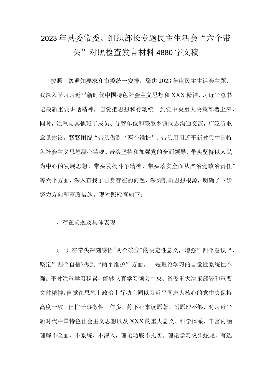 2023年县委常委组织部长党委领导班子等党员干部民主生活会六个带头带头深刻领悟两个确立决定性意义带头坚持和加强党的全面.docx_第2页