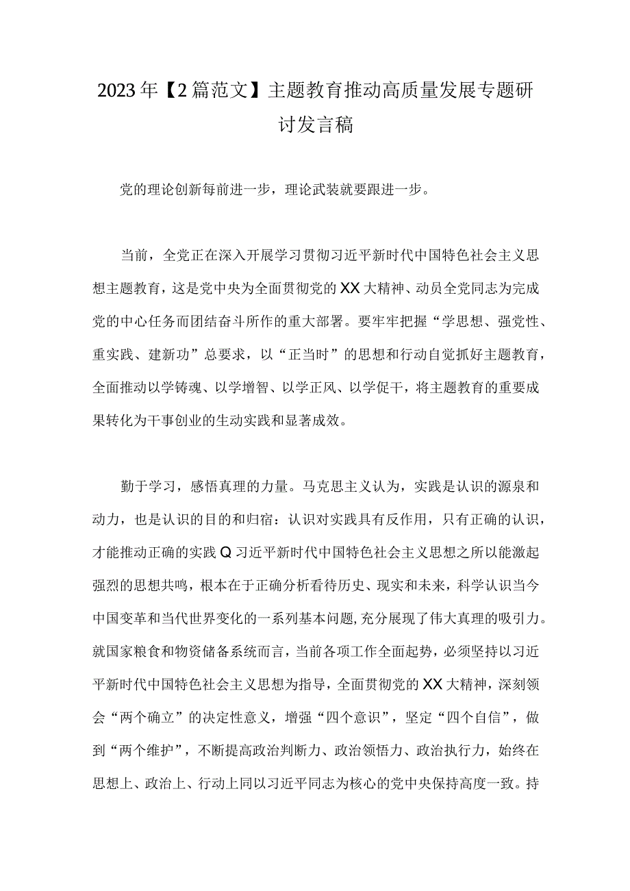 2023年2篇范文主题教育推动高质量发展专题研讨发言稿.docx_第1页