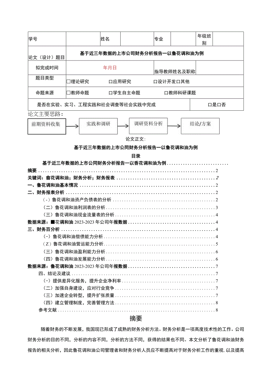 2023《基于近三年数据的上市公司财务分析报告—以鲁花调和油为例》5300字.docx_第1页