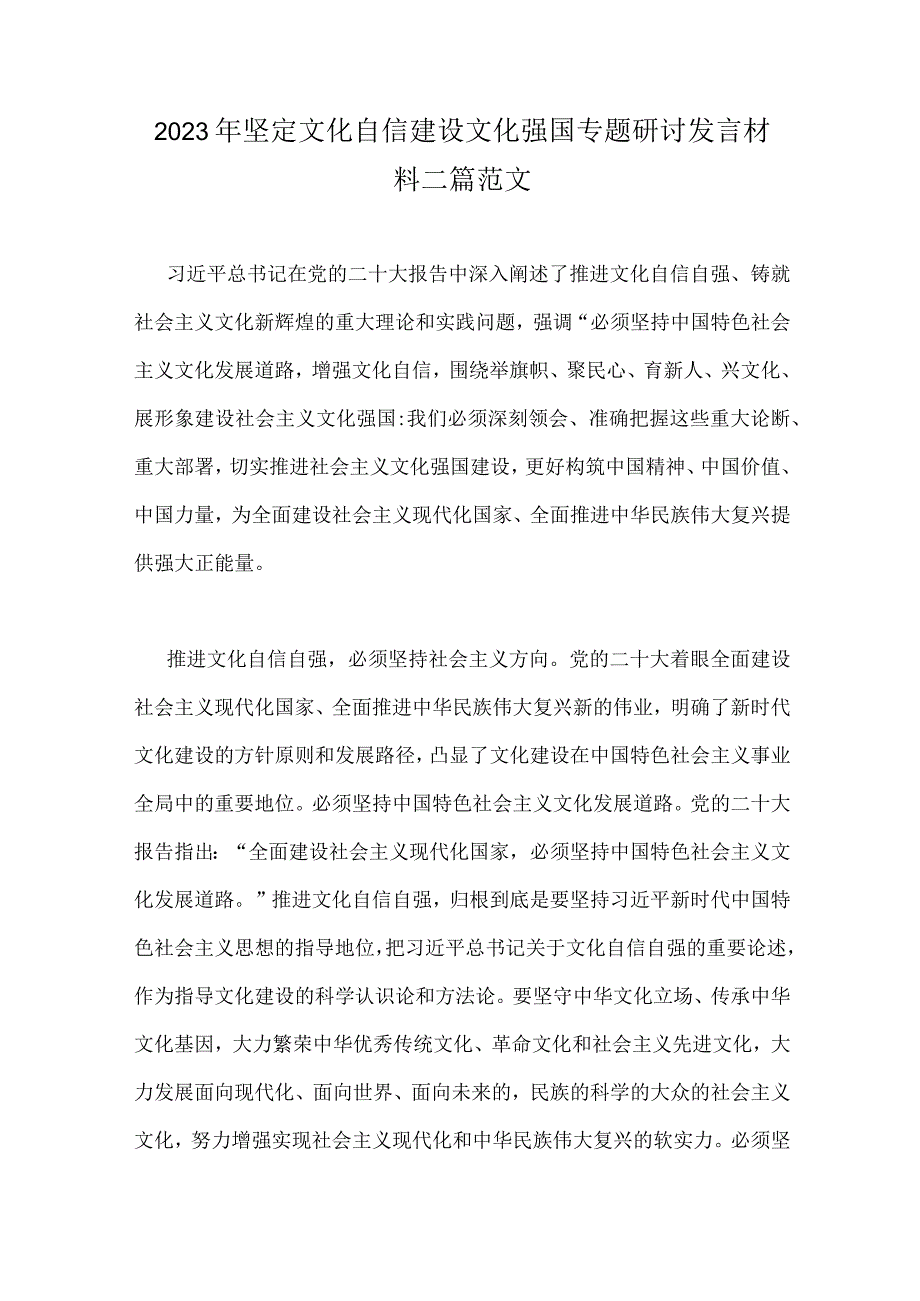 2023年坚定文化自信建设文化强国专题研讨发言材料二篇范文.docx_第1页