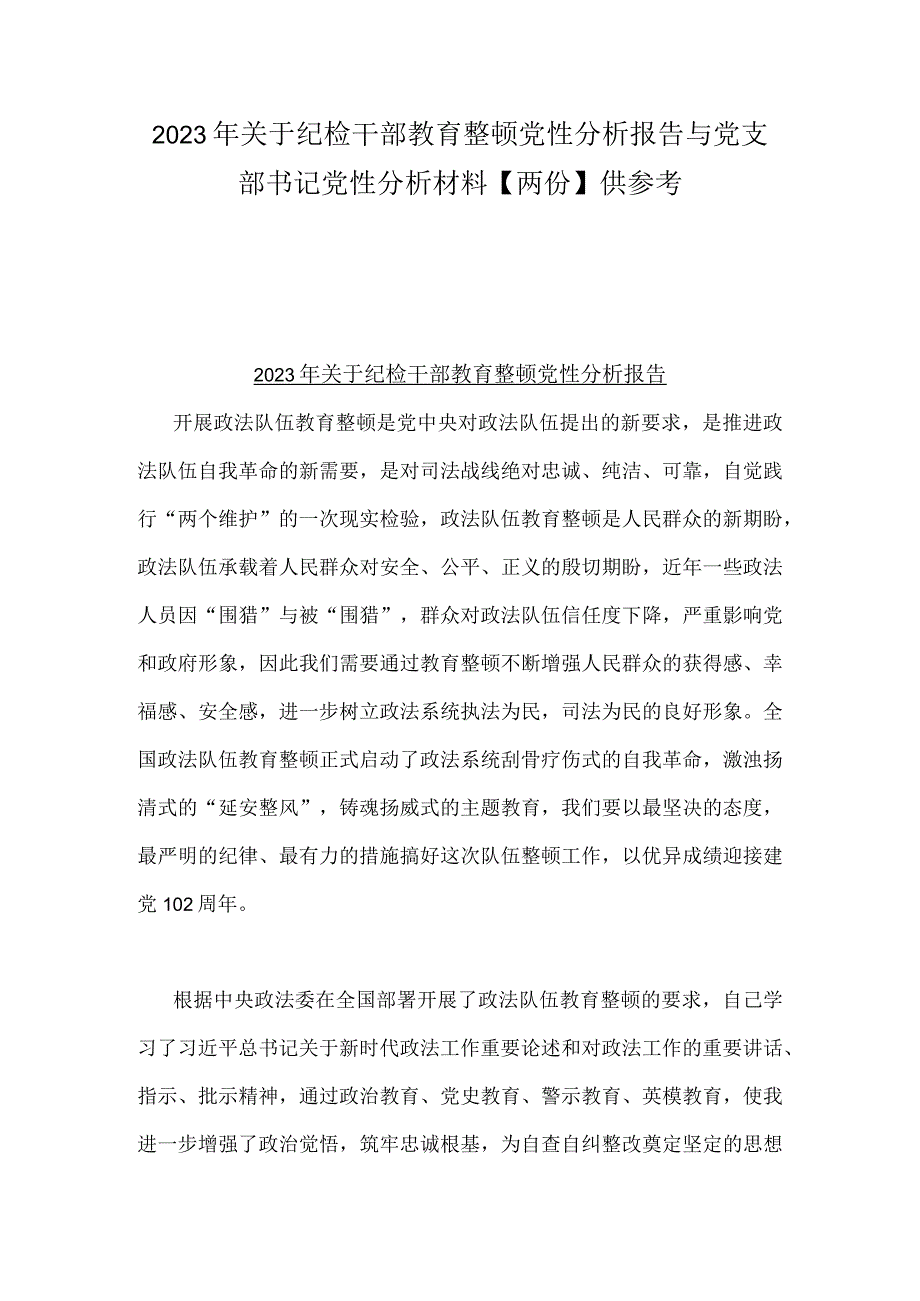 2023年关于纪检干部教育整顿党性分析报告与党支部书记党性分析材料两份供参考.docx_第1页