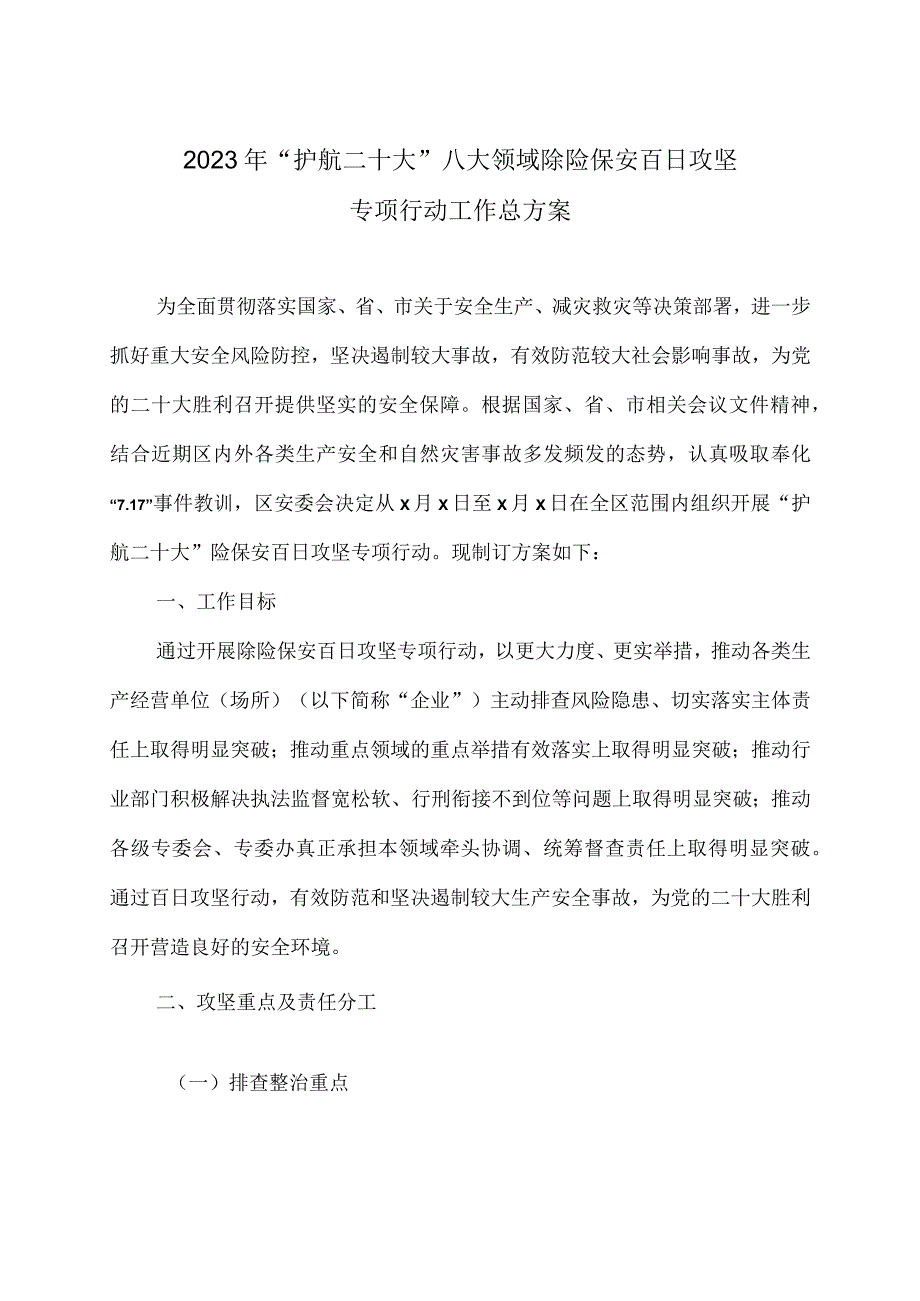 2023 年护航二十大 八大领域除险保安百日攻坚专项行动工作总方案.docx_第1页