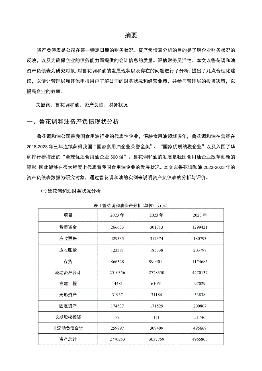 2023《基于近三年数据食用油企业资产负债表分析案例—以鲁花调和油为例》4100字.docx_第2页