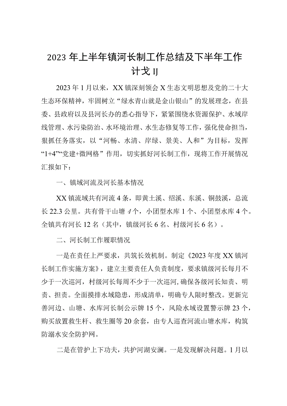 2023年上半年乡镇河长制工作总结及下半年工作计划.docx_第1页