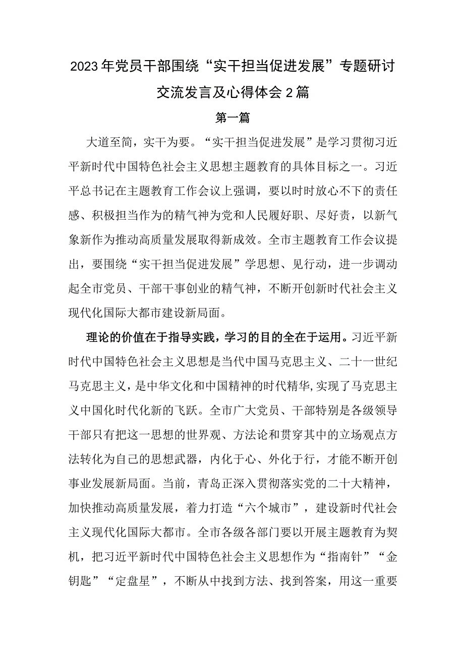 2023年党员干部围绕实干担当促进发展专题研讨交流发言及心得体会2篇.docx_第1页