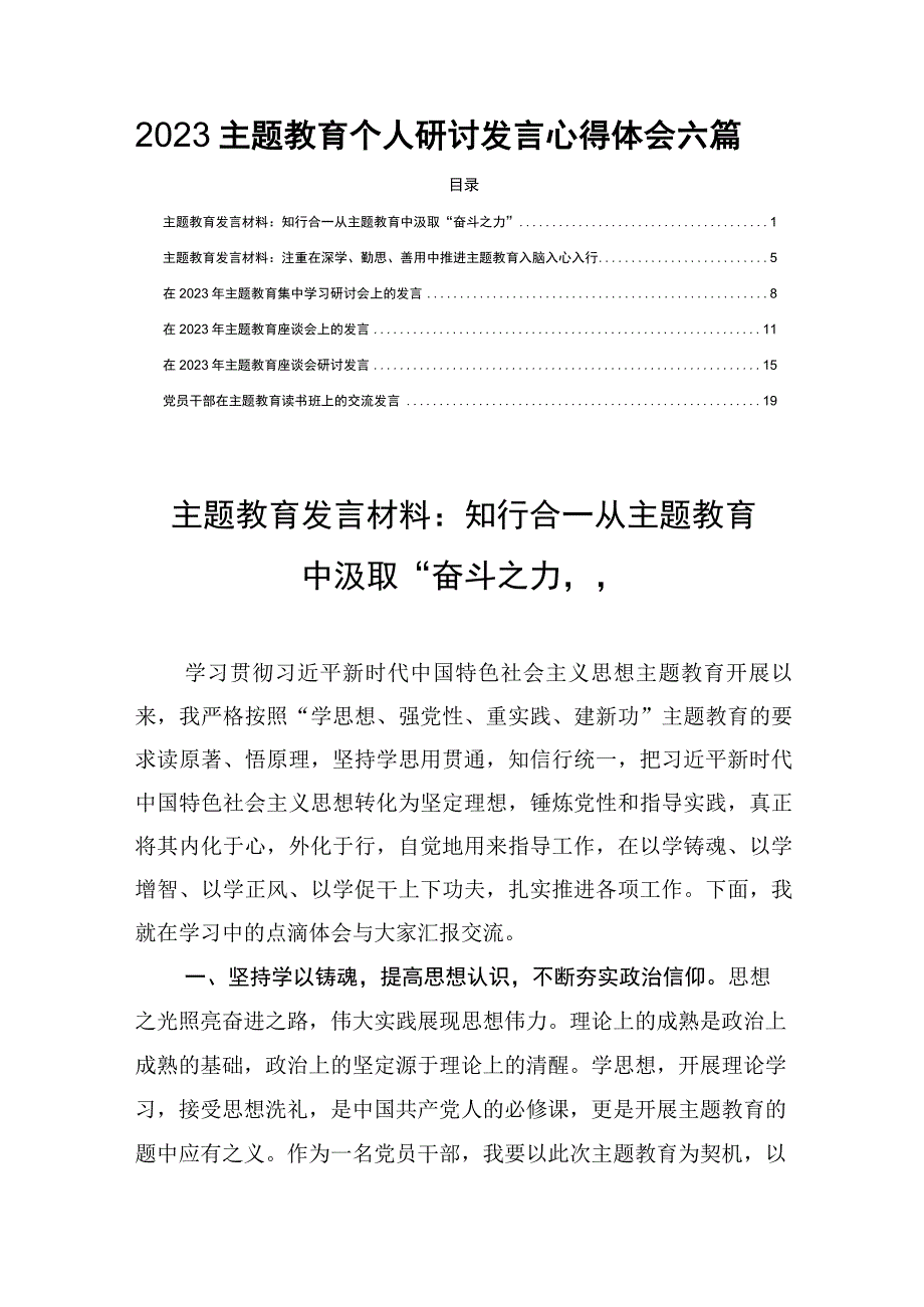 2023主题教育个人研讨发言心得体会六篇.docx_第1页