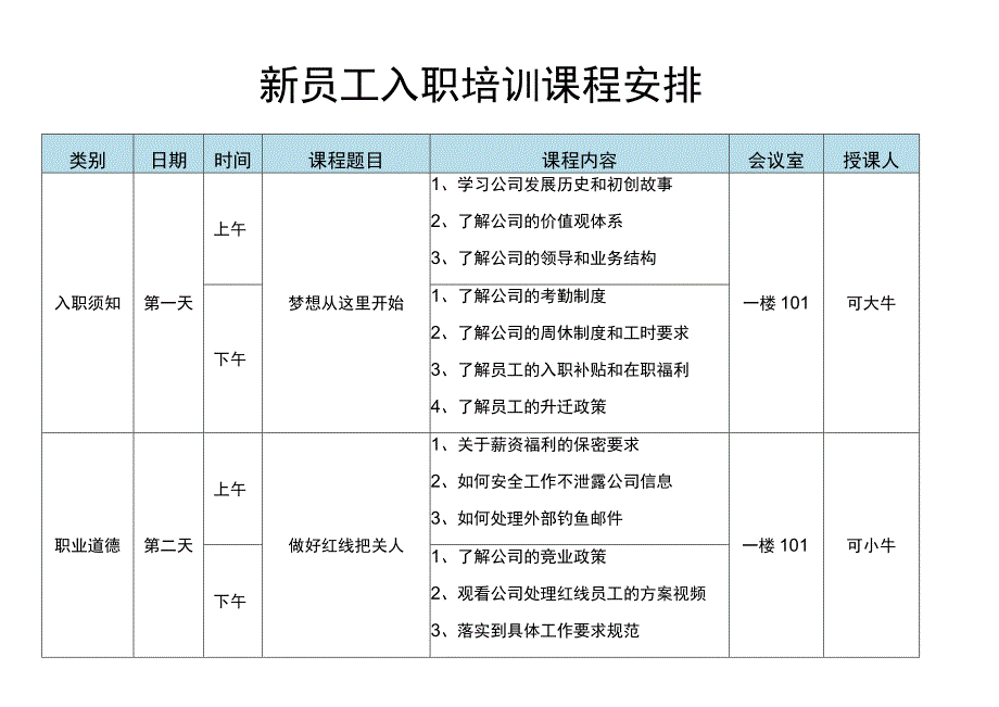 入职培训课程安排word模板.docx_第1页