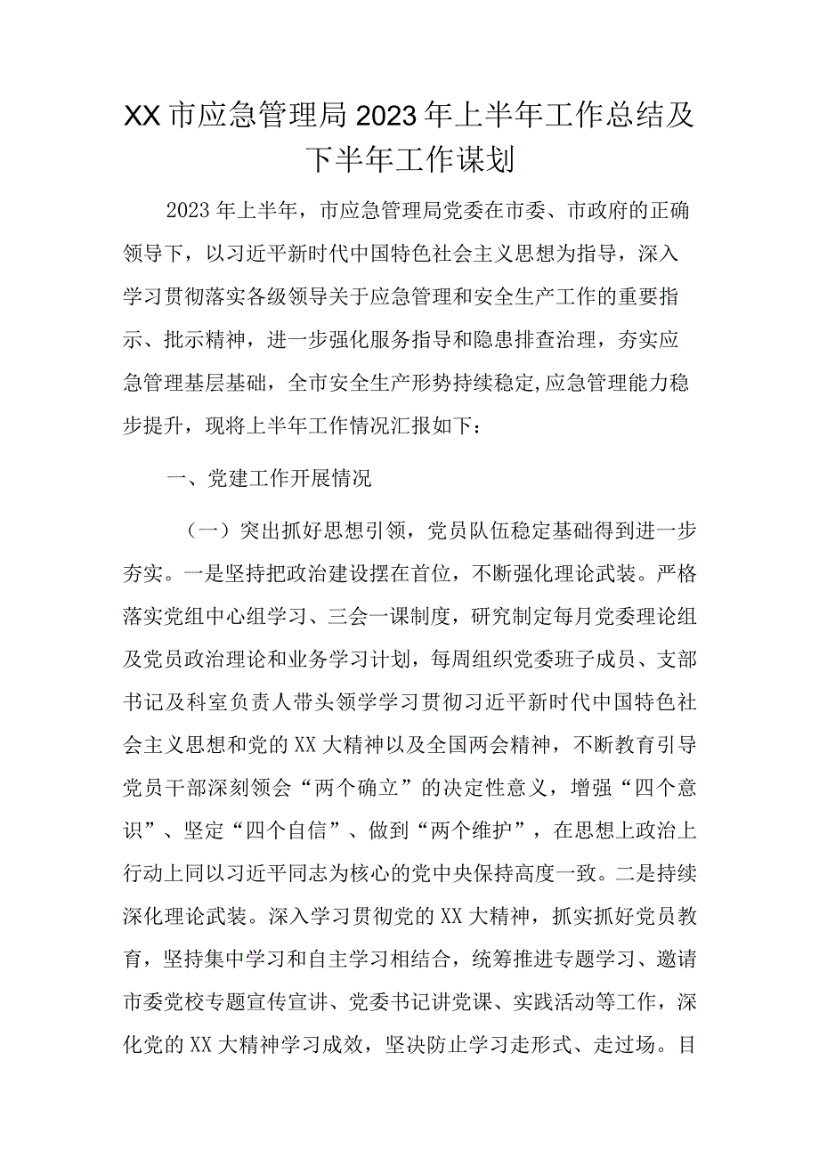 XX市应急管理局2023年上半年工作总结及下半年工作谋划.docx_第1页