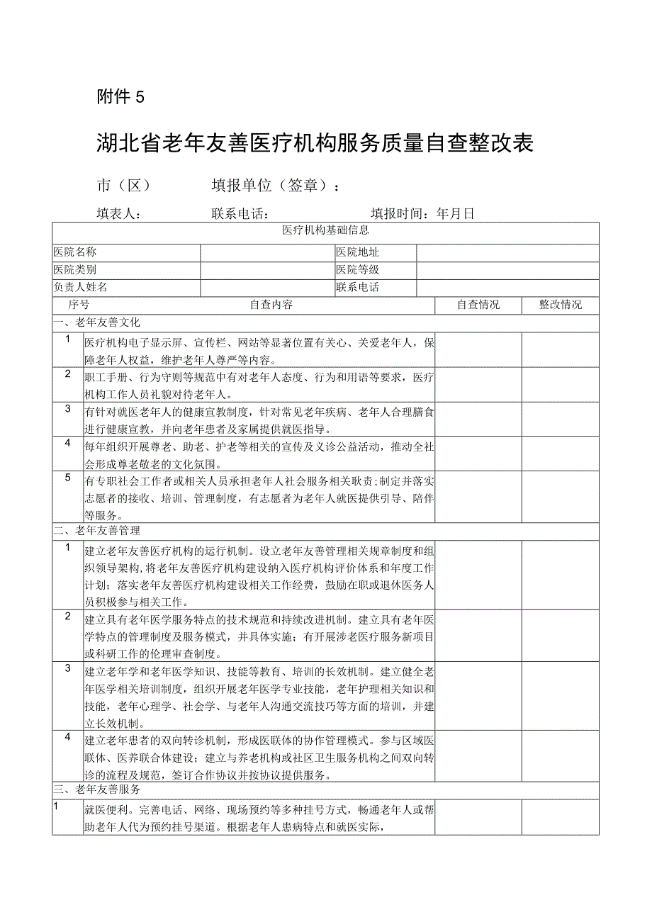 湖北省老年友善医疗机构服务质量自查整改表.docx_第1页