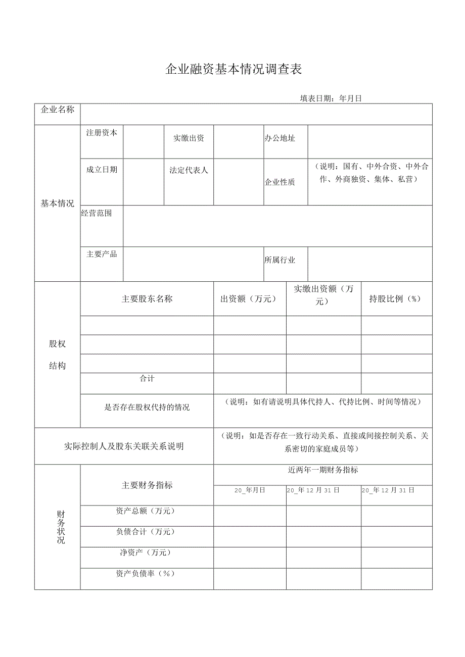 整理融资说明-企业融资基本情况调查表.docx_第1页