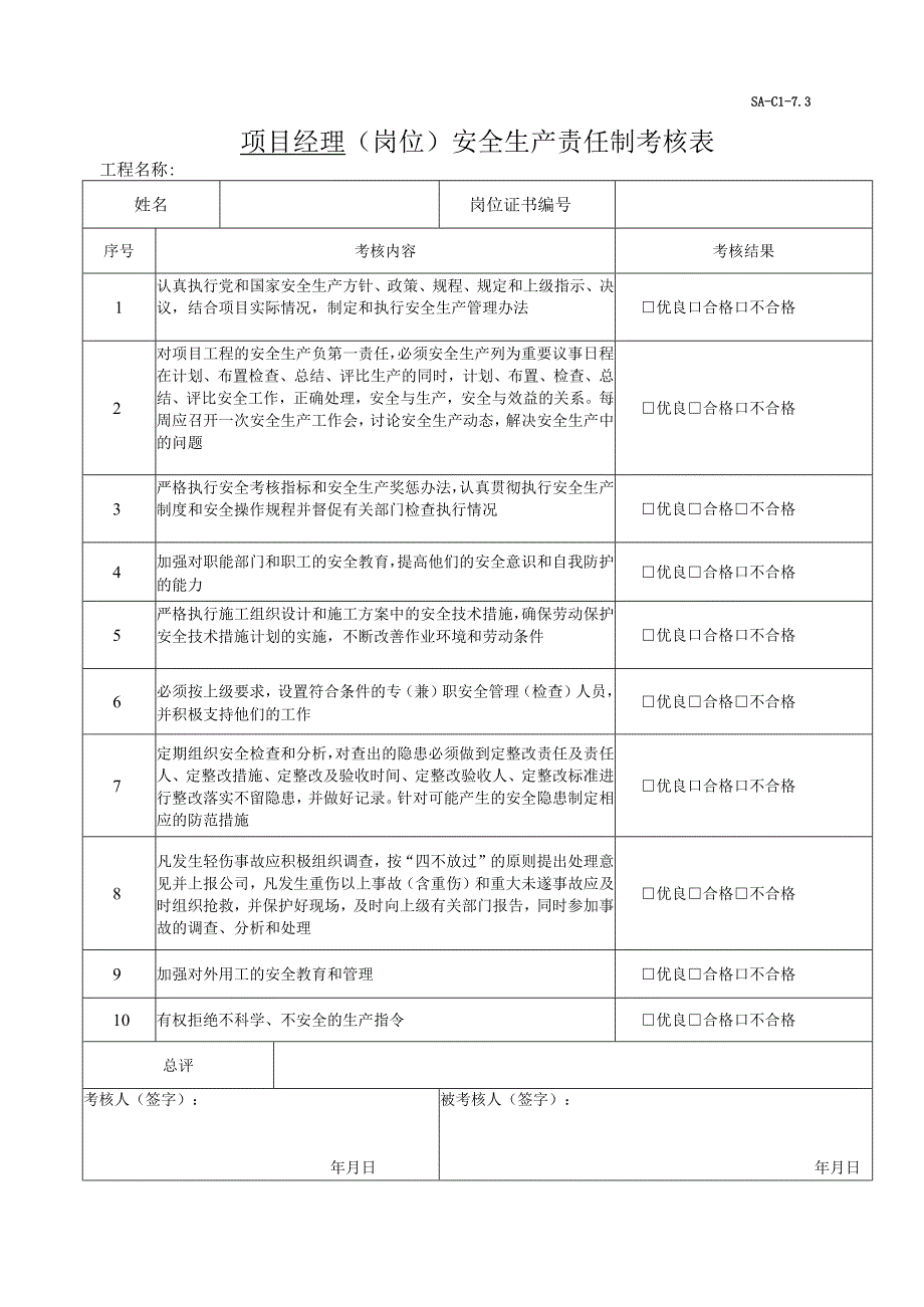 施工企业负责人带班及安全生产责任制考核表.docx_第1页