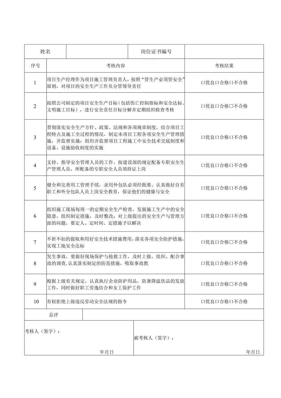 施工企业负责人带班及安全生产责任制考核表.docx_第2页