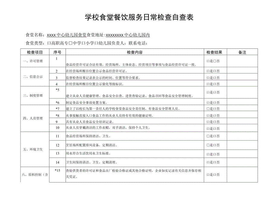 学校食堂餐饮服务日常检查自查表.docx_第1页