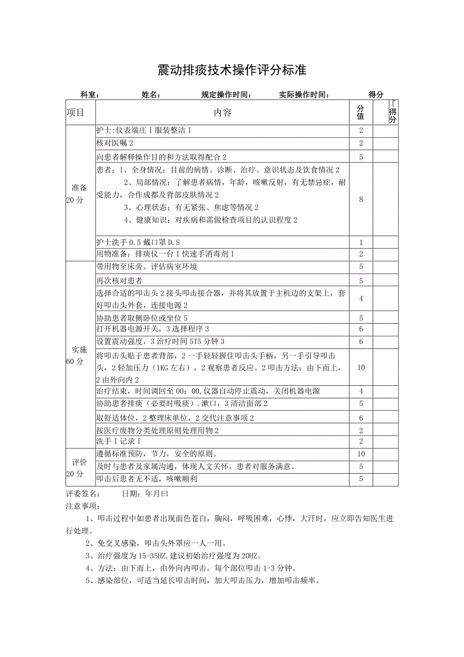 震动排痰操作技术评分标准.docx_第1页