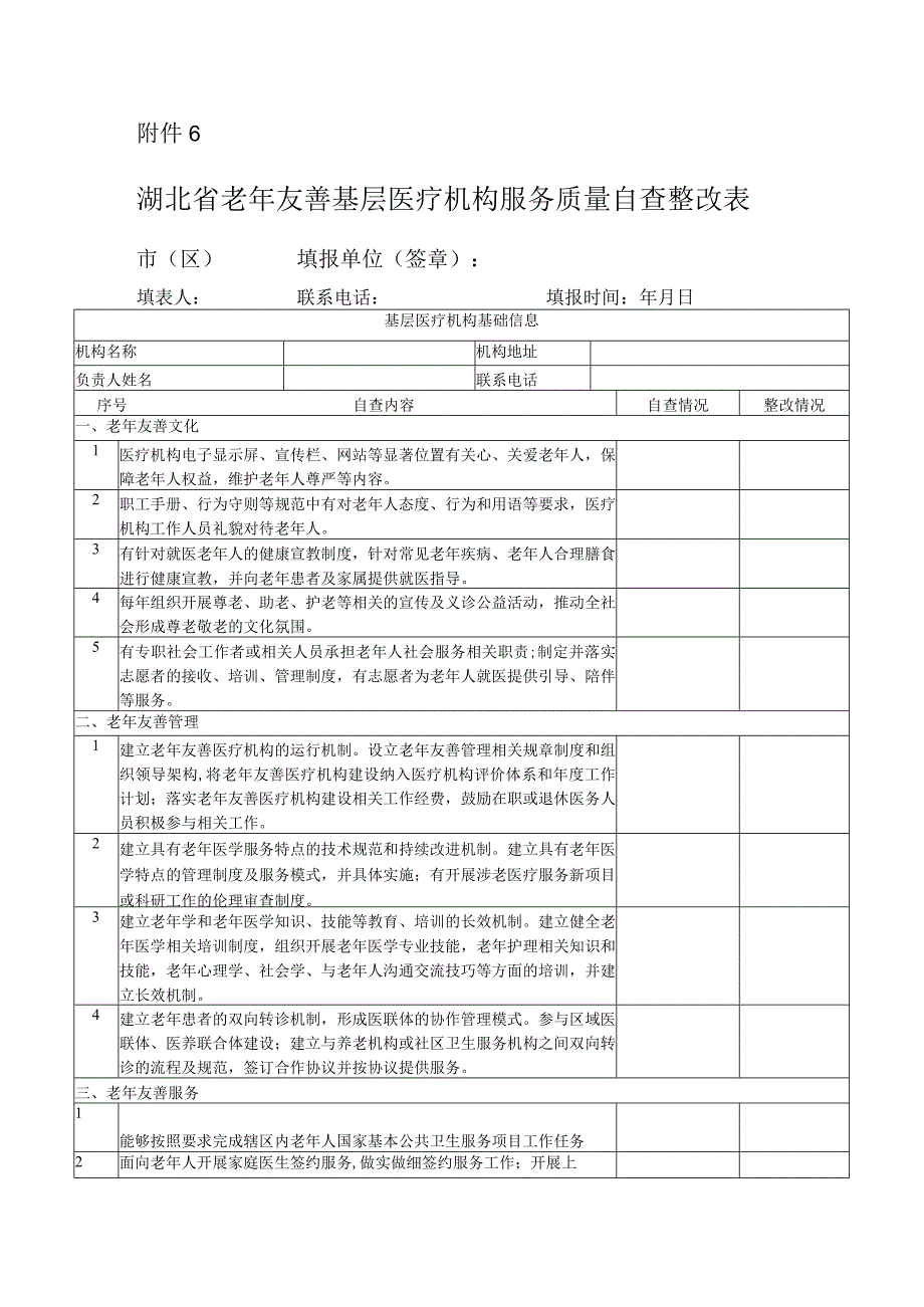 湖北省老年友善基层医疗机构服务质量自查整改表.docx_第1页