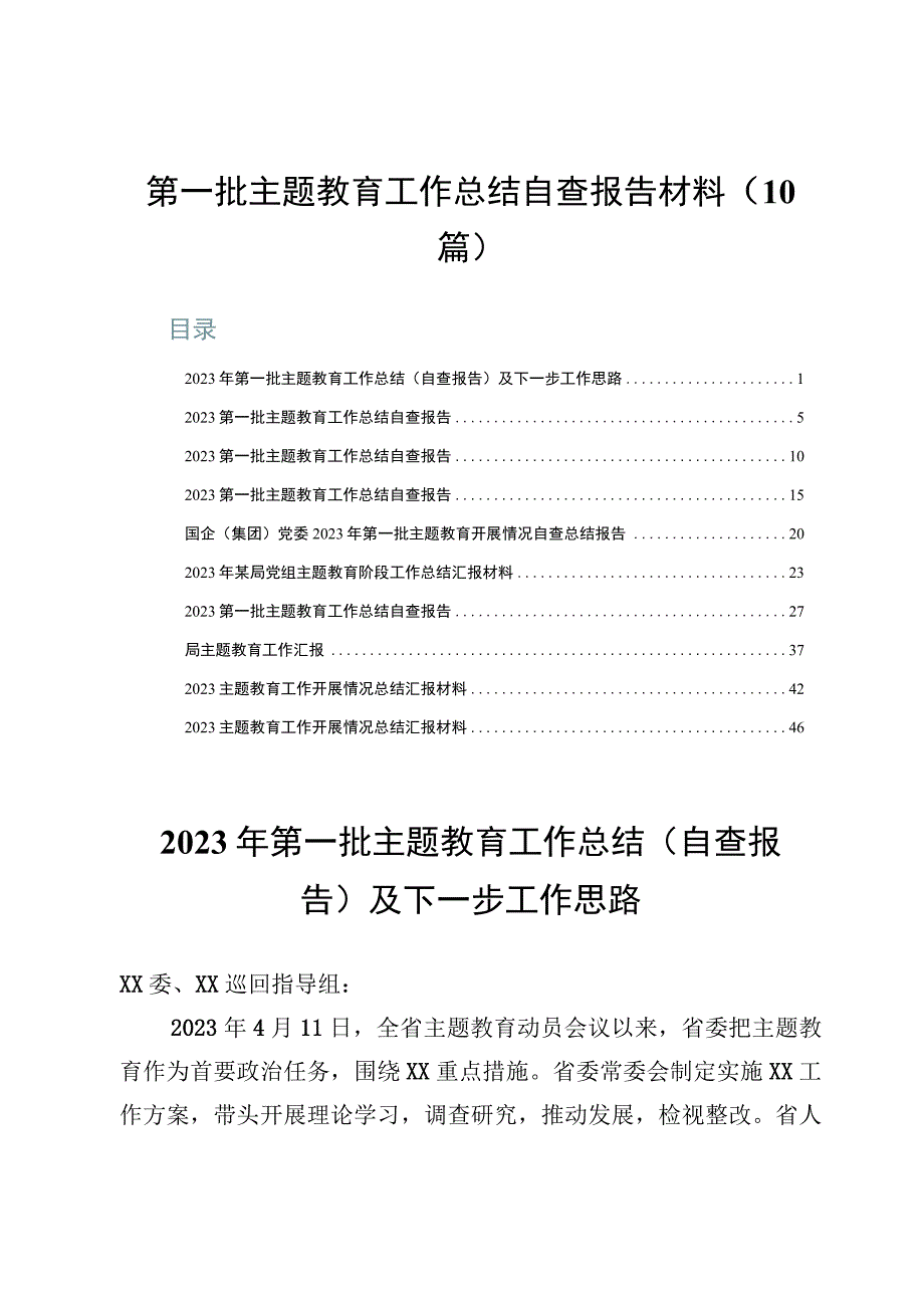 第一批主题教育工作总结自查报告材料（10篇）.docx_第1页