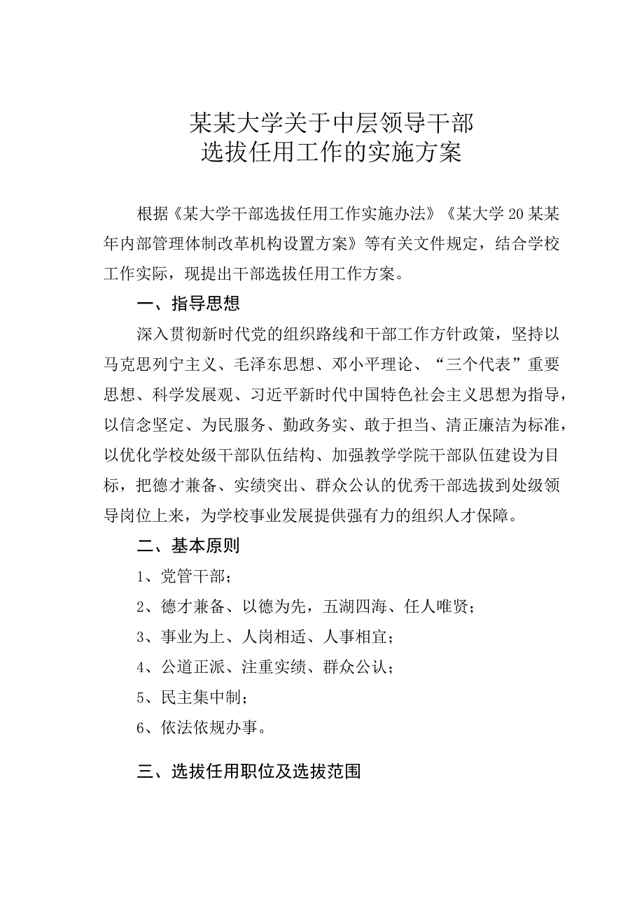 某某大学关于中层领导干部选拔任用工作的实施方案.docx_第1页