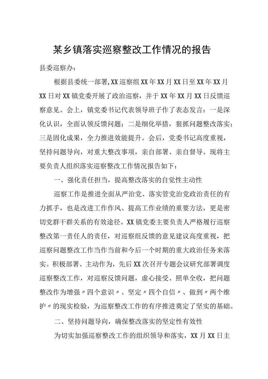 某乡镇落实巡察整改工作情况的报告.docx_第1页