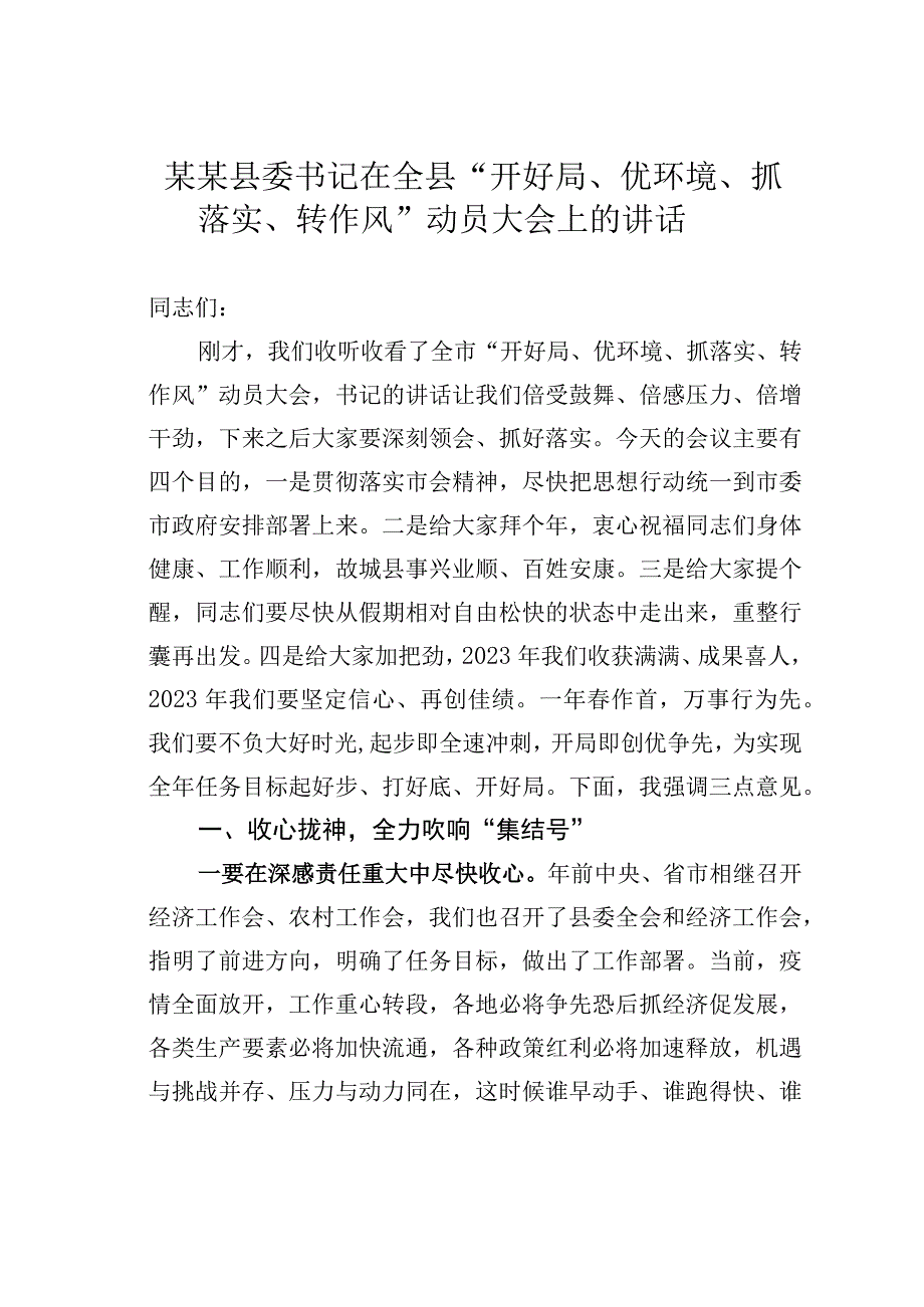 某某县委书记在全县“开好局、优环境、抓落实、转作风”动员大会上的讲话.docx_第1页