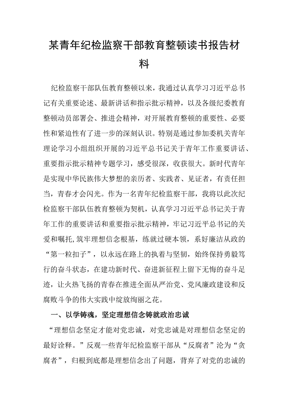 某青年纪检监察干部教育整顿读书报告材料.docx_第1页