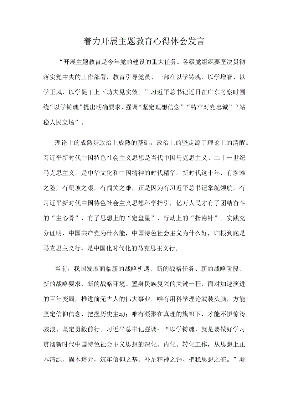 着力开展主题教育心得体会发言.docx_第1页