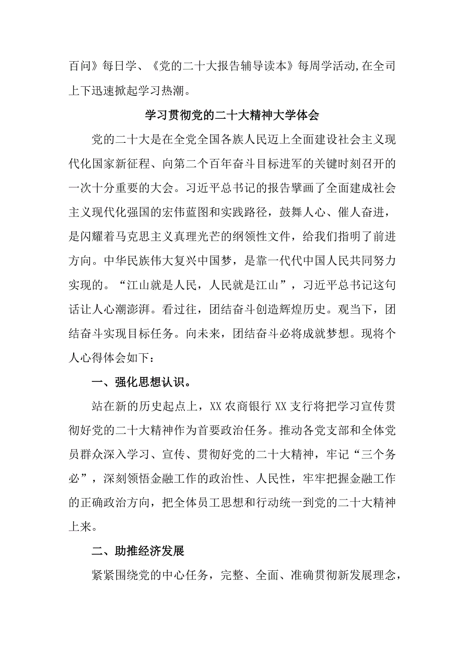 农商行工作员学习贯彻党的二十大精神心得体会 （汇编5份）.docx_第2页