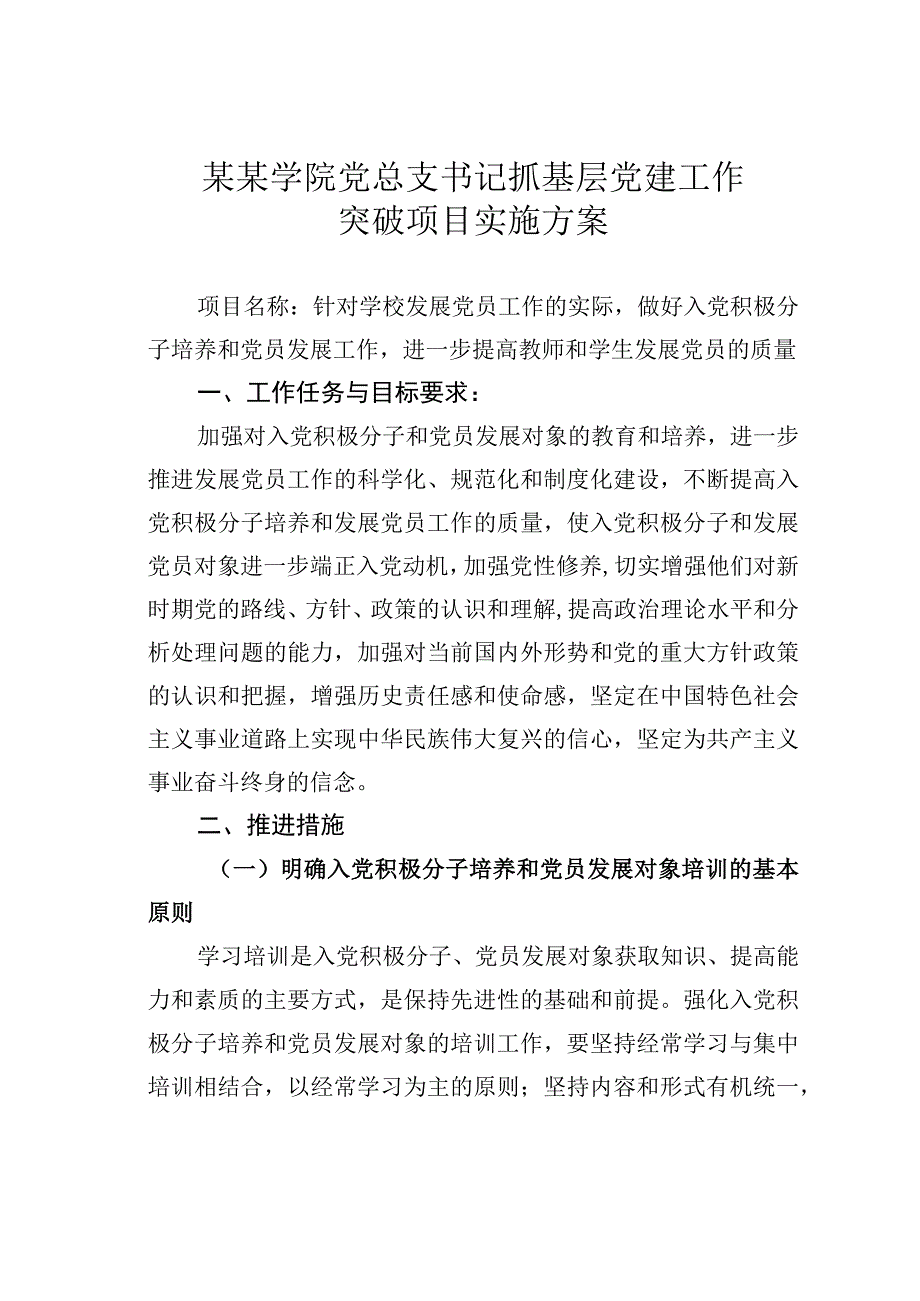 某某学院党总支书记抓基层党建工作突破项目实施方案.docx_第1页