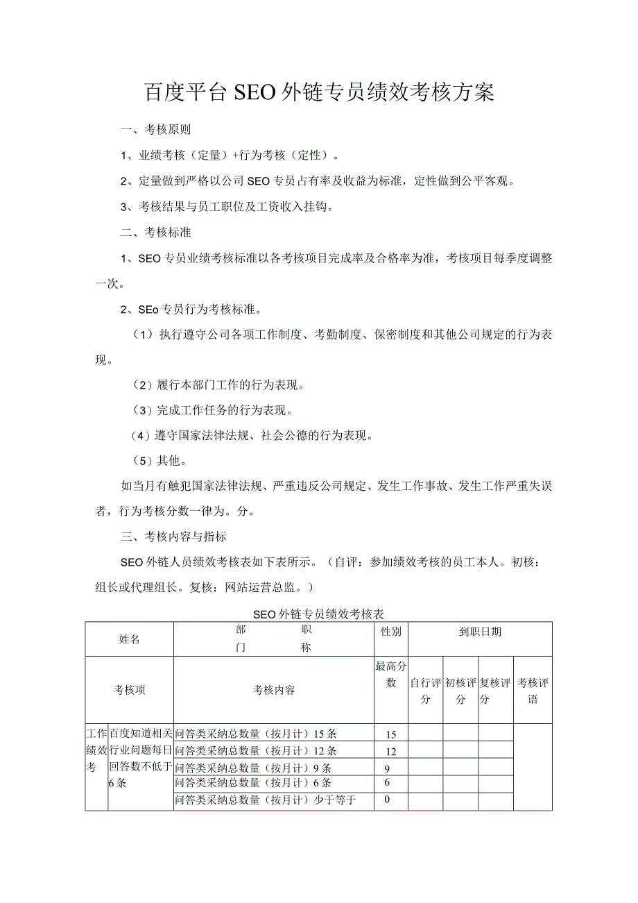 百度平台SEO外链专员绩效考核方案.docx_第1页