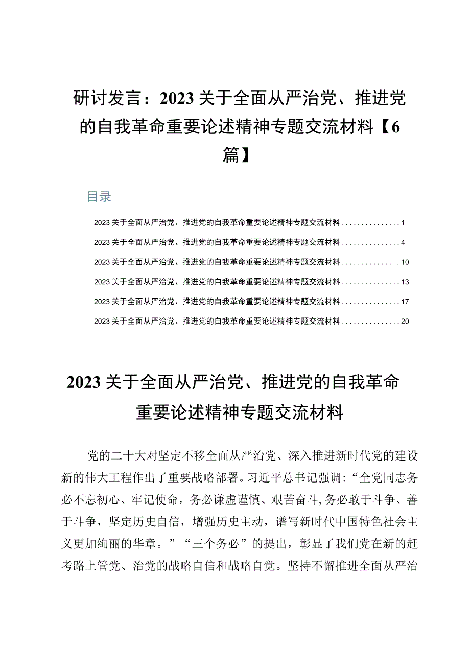 研讨发言：2023关于全面从严治党、推进党的自我革命重要论述精神专题交流材料【6篇】.docx_第1页