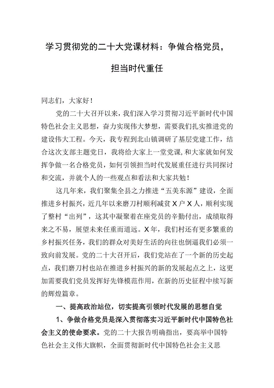 学习贯彻党的二十大党课材料：争做合格党员担当时代重任.docx_第1页