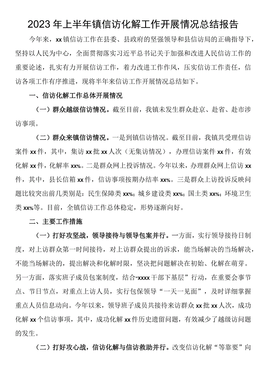 2023年上半年镇信访化解工作开展情况总结报告.docx_第1页