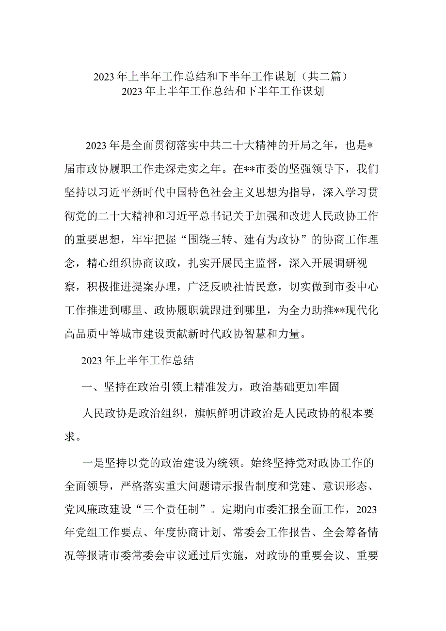 2023年上半年工作总结和下半年工作谋划(共二篇).docx_第1页