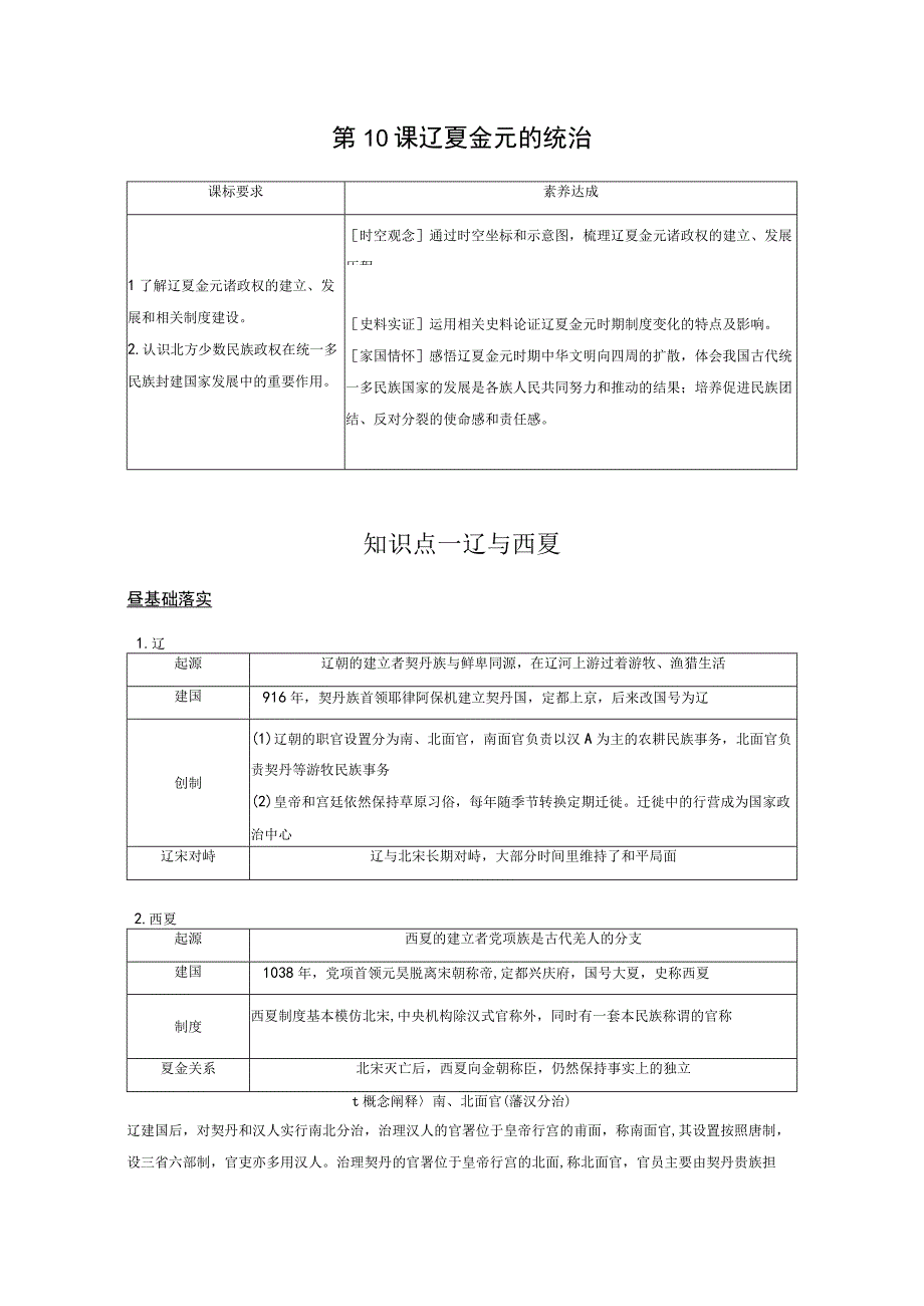 2023-2024学年统编版必修纲要上册第10课 辽夏金元的统治（学案）.docx_第1页