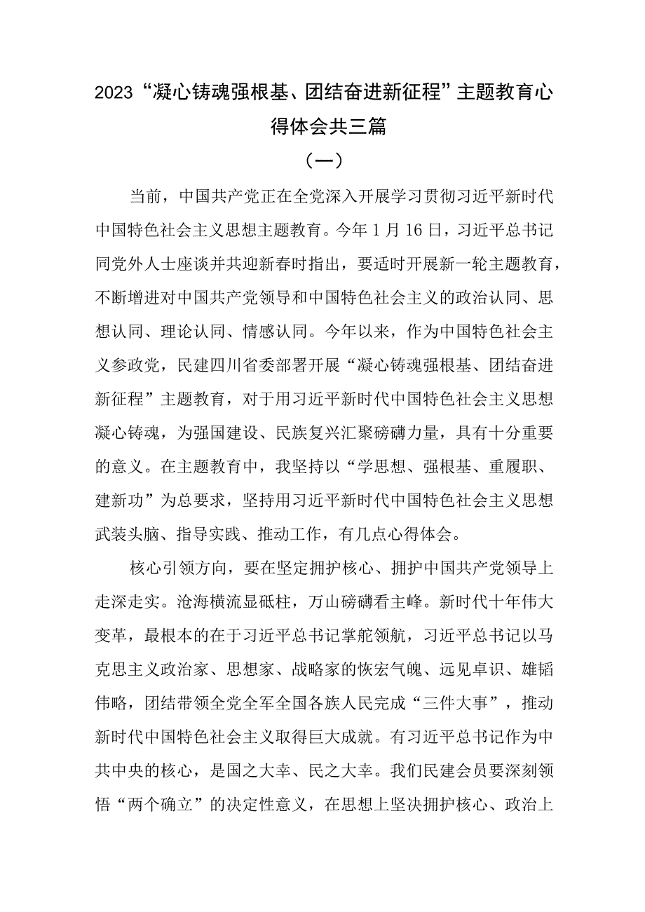 2023“凝心铸魂强根基、团结奋进新征程”主题教育心得体会共三篇.docx_第1页