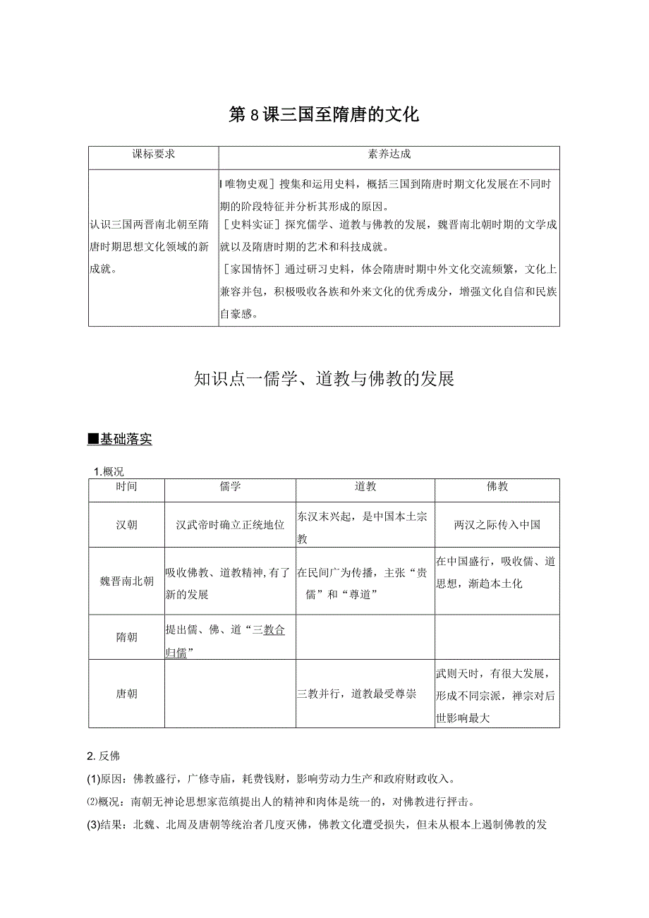 2023-2024学年统编版必修纲要上册第8课 三国至隋唐的文化（学案）.docx_第1页