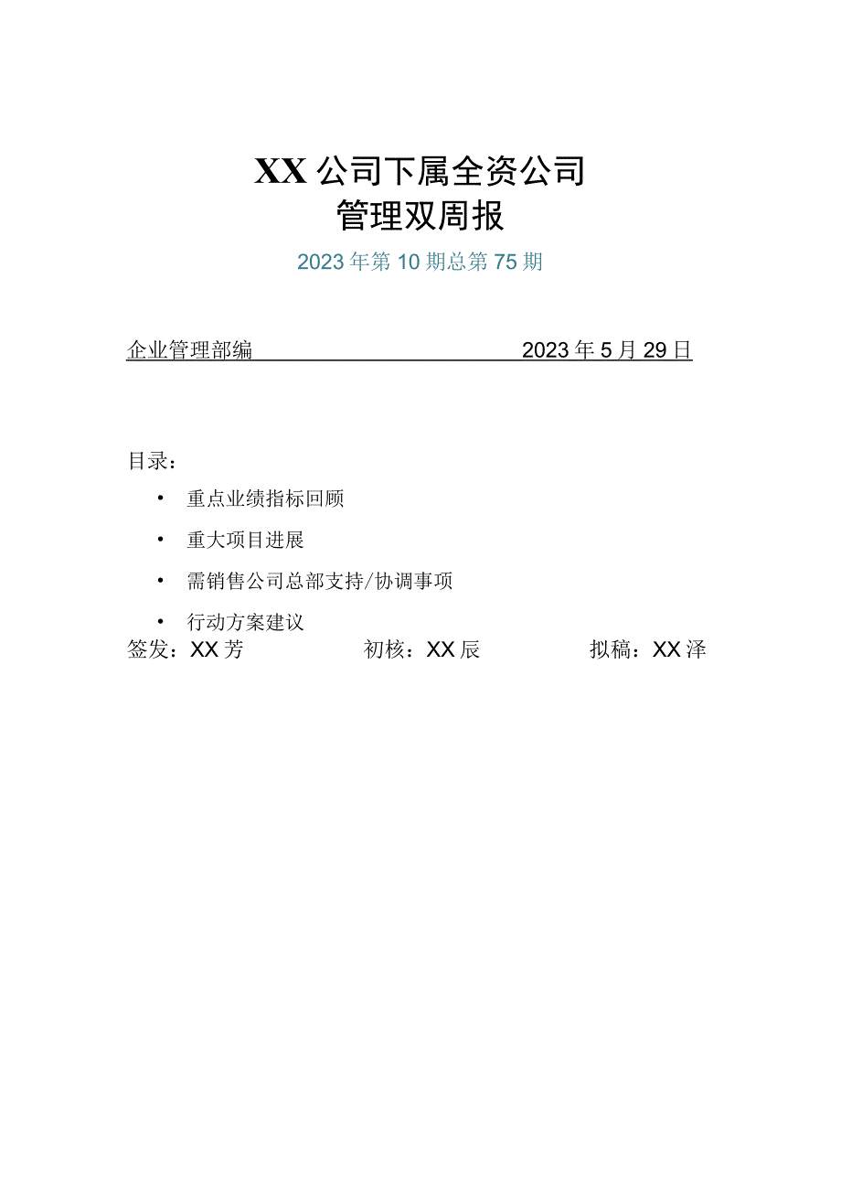 XX公司下属全资公司管理双周报.docx_第1页