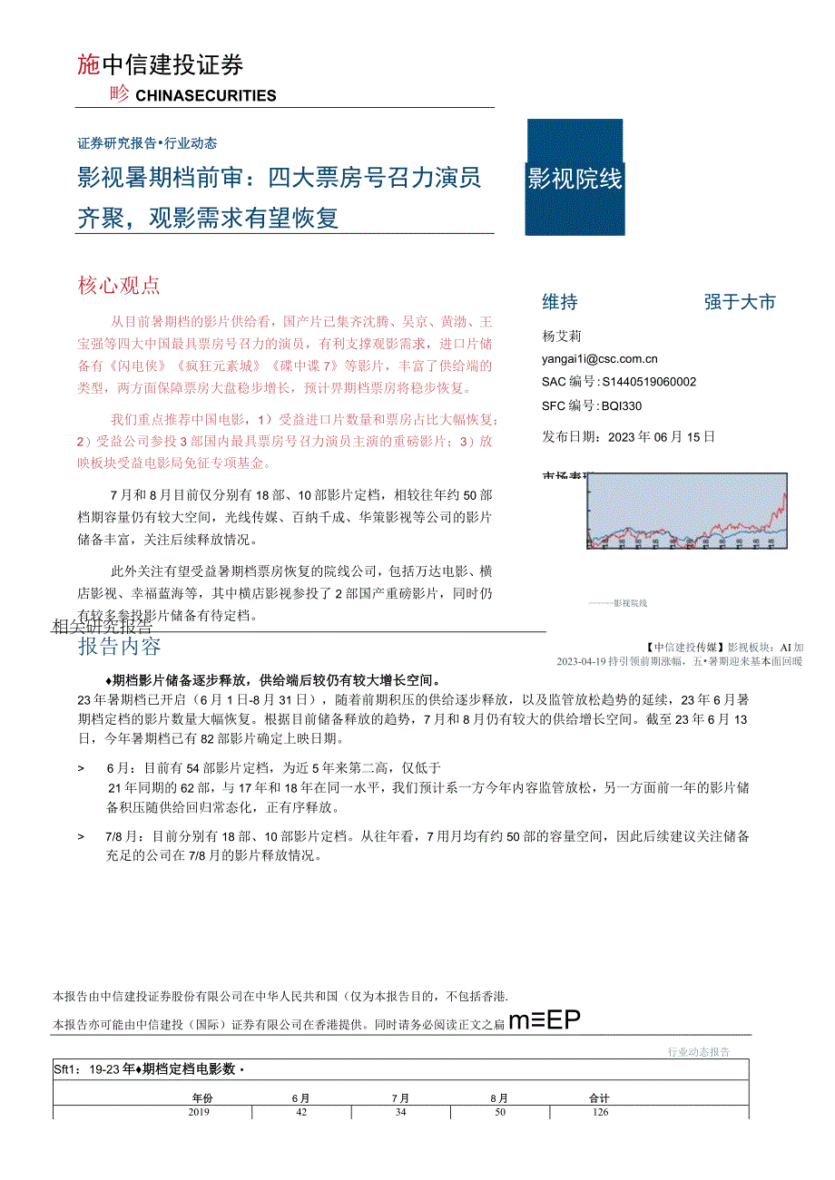 【影视综艺报告】影视院线行业：影视暑期档前瞻四大票房号召力演员齐聚观影需求有望恢复-202306.docx_第1页