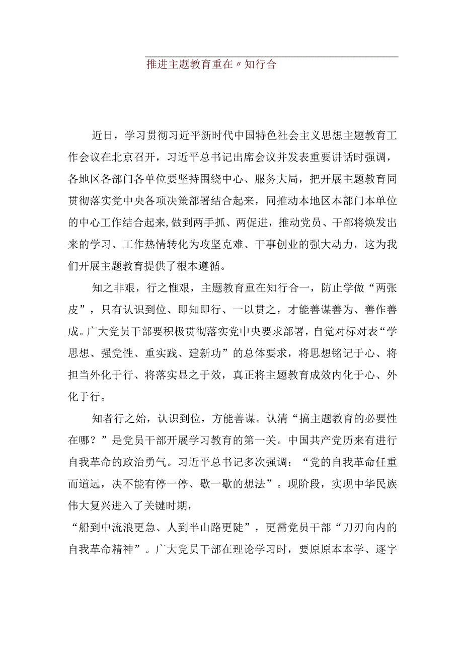 【优质公文模板】推进主题教育重在“知行合一”【精品资料】.docx_第1页