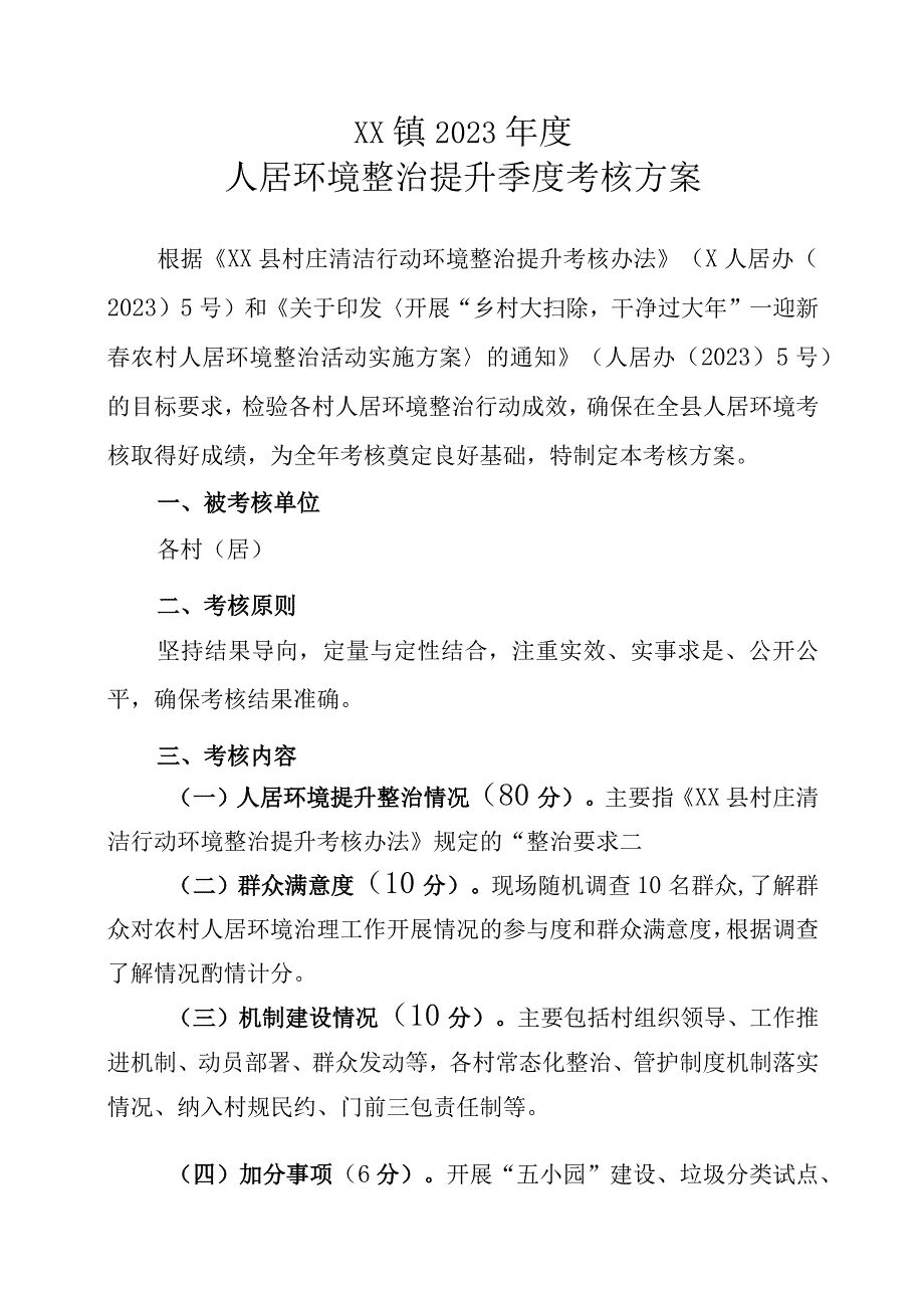 XX镇2023年度人居环境整治提升季度考核方案.docx_第1页