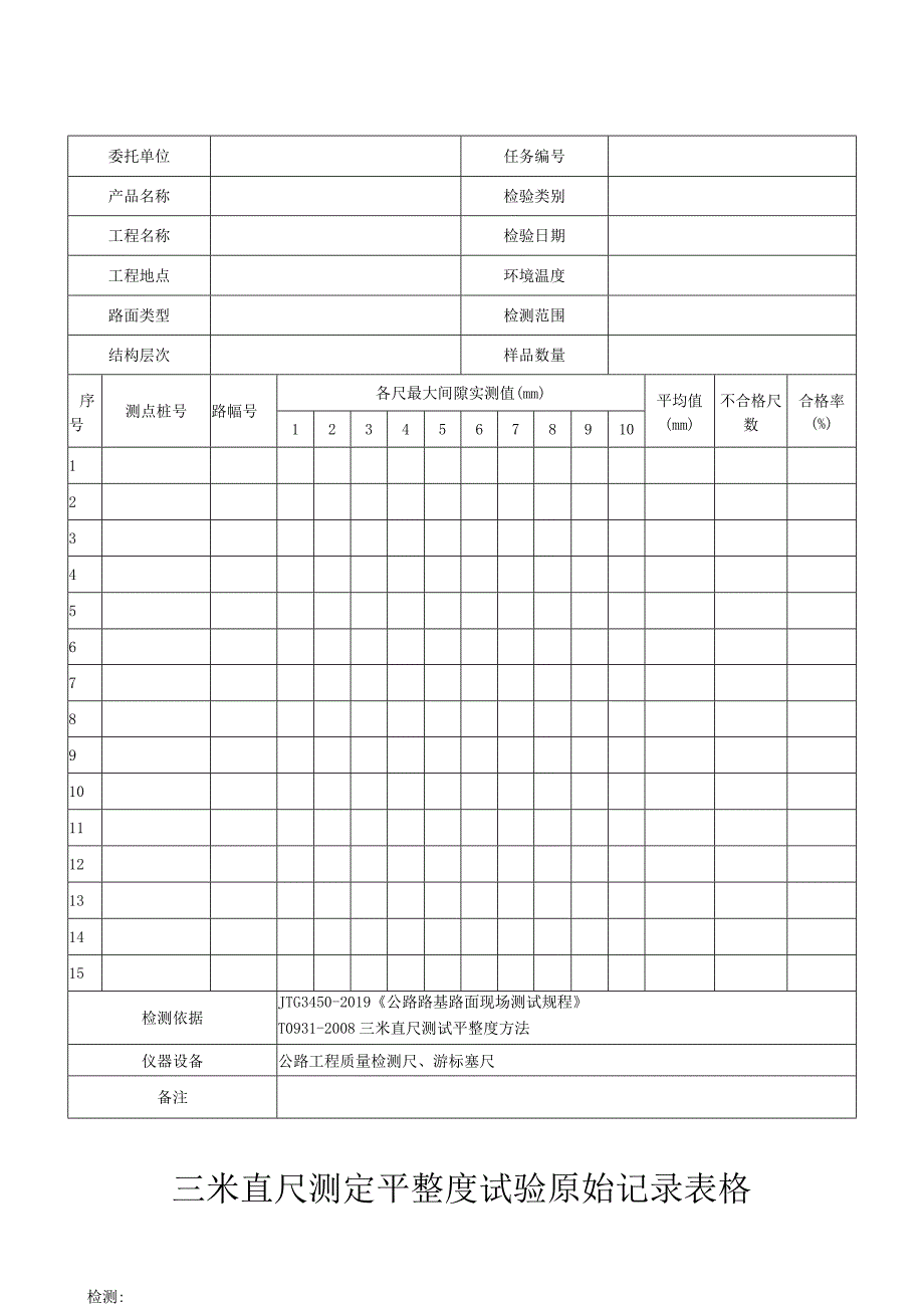 三米直尺测定平整度试验原始记录表格.docx_第1页