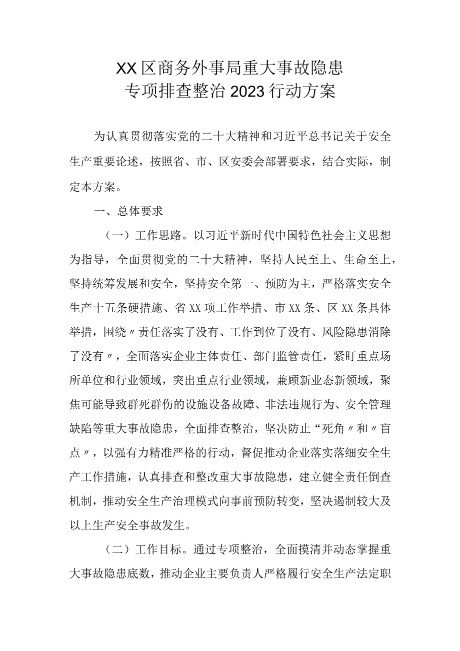 XX区商务外事局重大事故隐患专项排查整治2023行动方案.docx_第1页