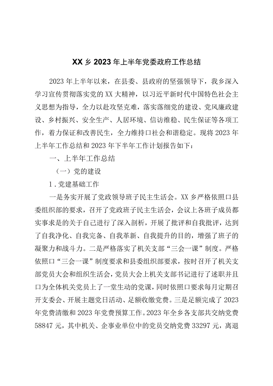 乡2023年上半年党委政府工作总结.docx_第1页