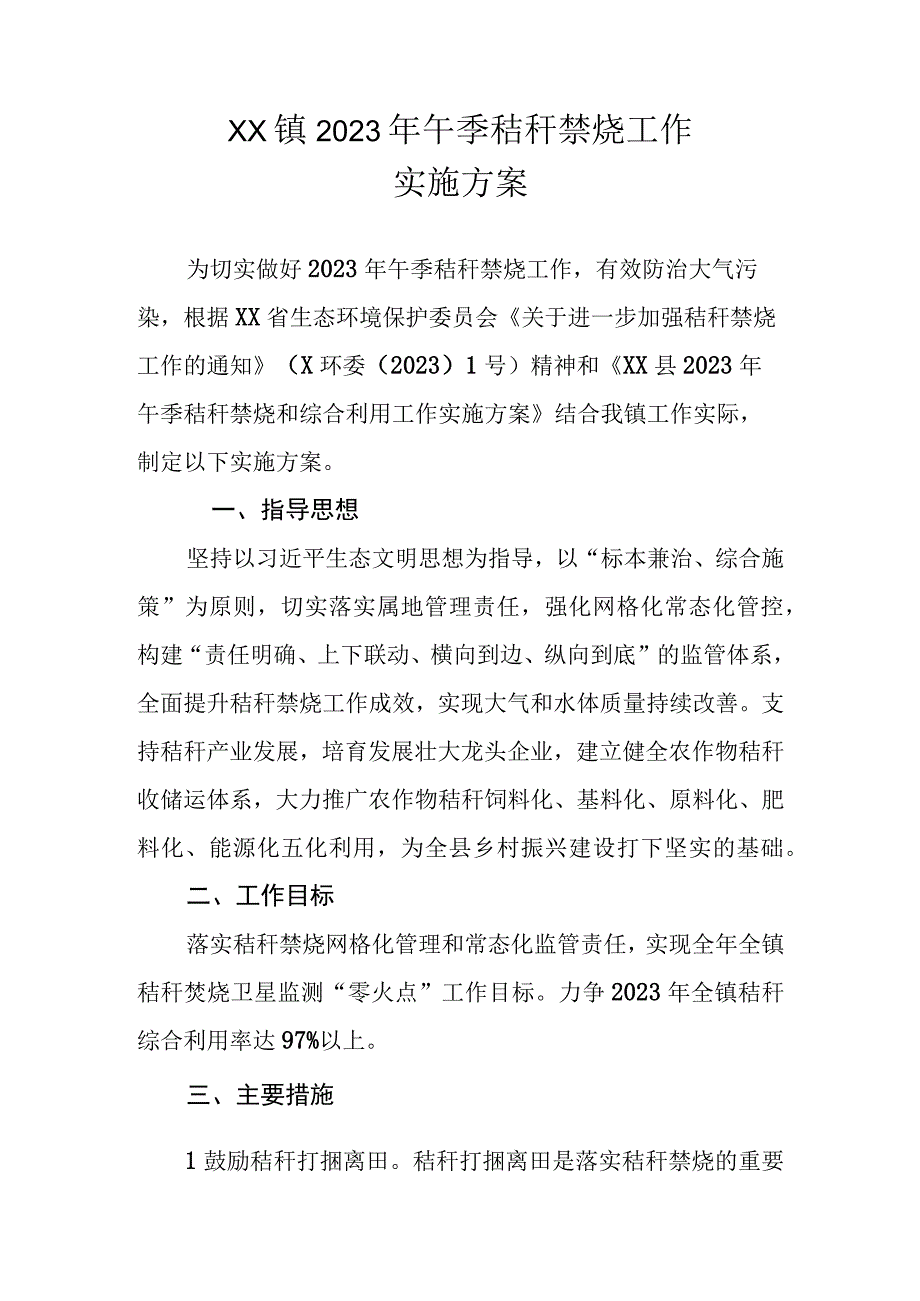 XX镇2023年午季秸秆禁烧工作实施方案.docx_第1页