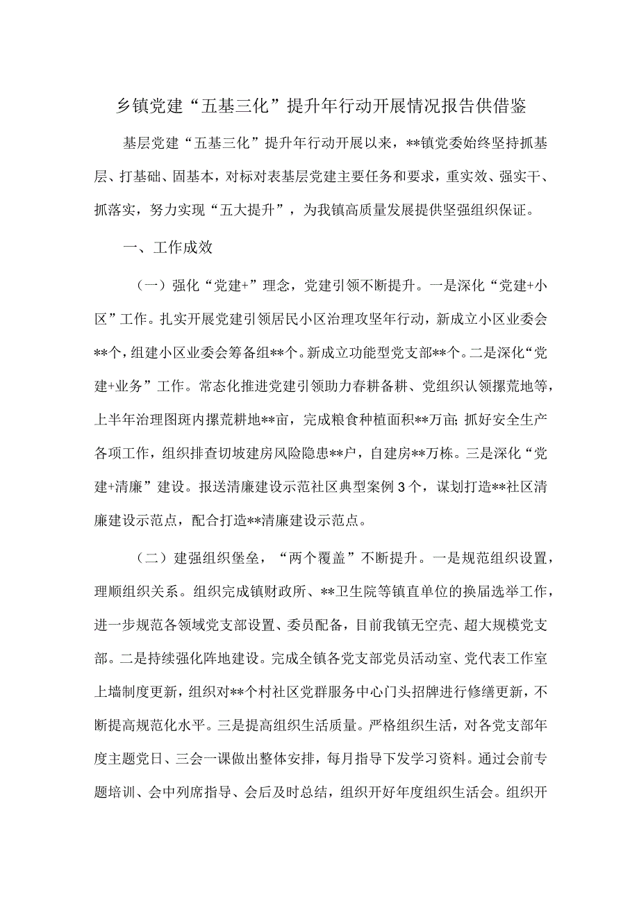 乡镇党建“五基三化”提升年行动开展情况报告供借鉴.docx_第1页