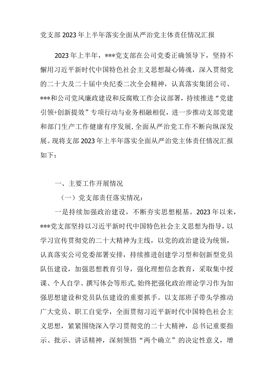 国企公司党委党支部2023年上半年落实全面从严治党主体责任情况汇报工作总结和书记总结报告.docx_第2页