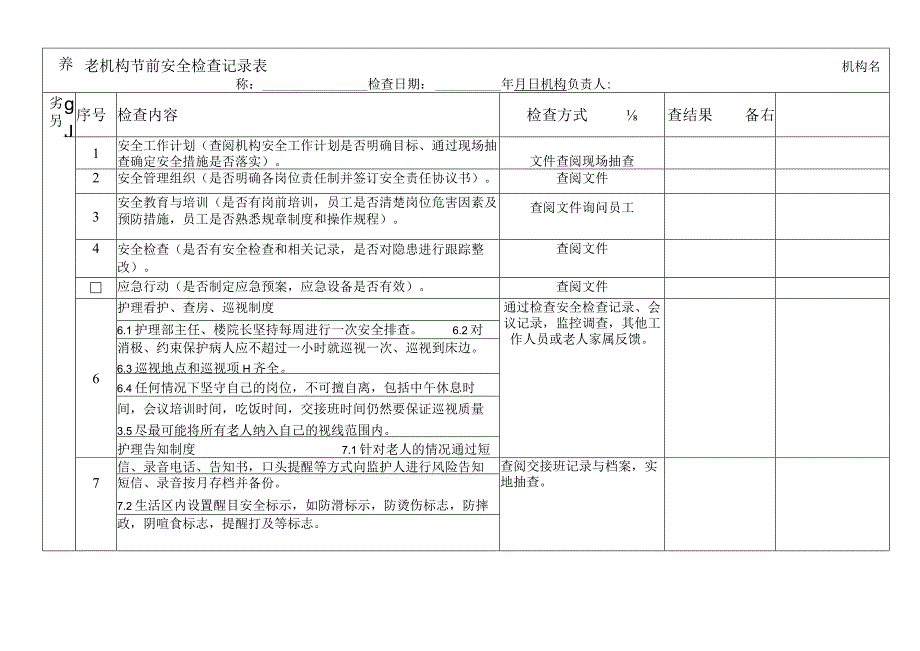 养老院安全检查记录表.docx_第1页